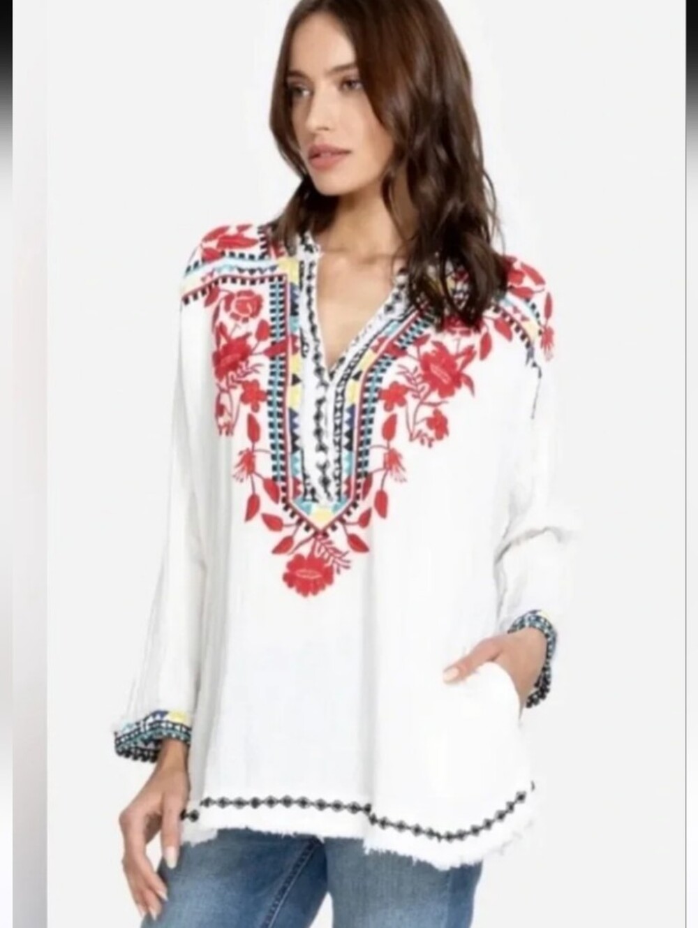 Johnny Was White Tunic with Pink Floral Embroidery With Pockets OVER sized